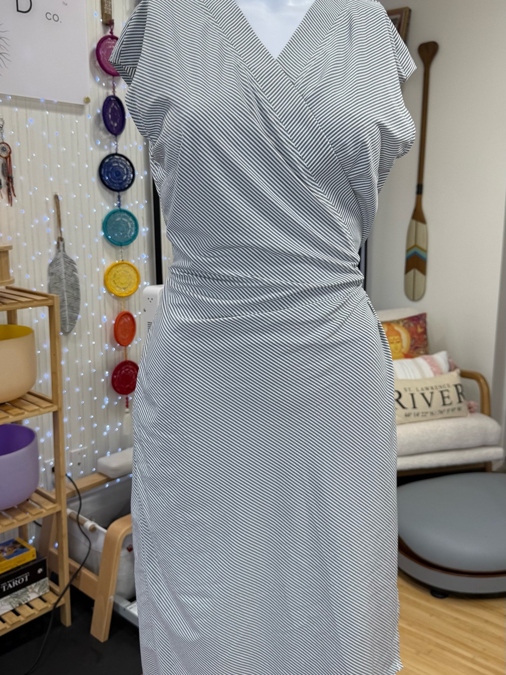 Athleta Black & White Striped Wrap-Style Midi Dress